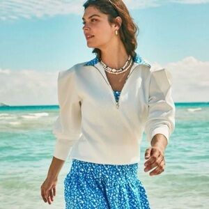 Addison Bay Poplar 1/4 Zip Ruffle Shoulder Pullover Sweatshirt White Blue Floral